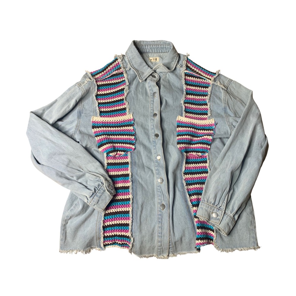 POL Women's L crochet knit jean button jacket cottage core unique